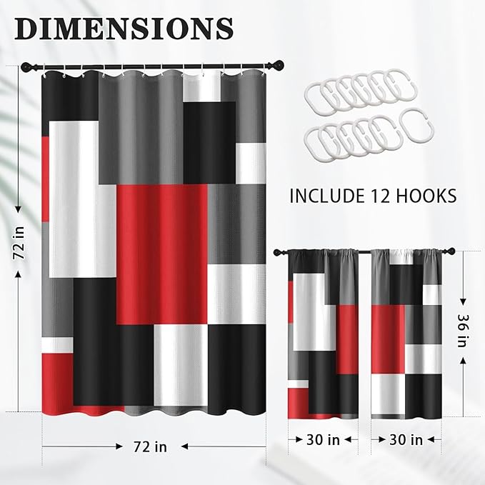Culudea Geometric Red White Shower Curtain Set, Black and Gray Modern Bathroom Window Waterproof Shower Curtain Set for Bathroom Decor