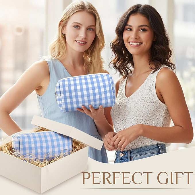 Paterr 6 Pcs Quilted Makeup Bag Bulk for Women Girls Birthday Valentine's Day Bridesmaid Gifts Cute Cotton Cosmetic Pouch Bow Floral Coquette Aesthetic Travel Toiletry Bag(Plaid,Blue)