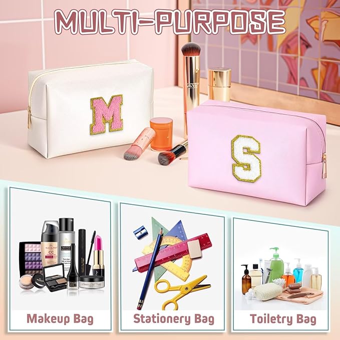 TOPEAST Preppy Toiletry Bag for Teen Girls, Initial Makeup Bags with Zipper, Monogrammed Birthday Gifts for Girls Daughter Sister Friends, Preppy Things for Girls Teenage (Pink H)