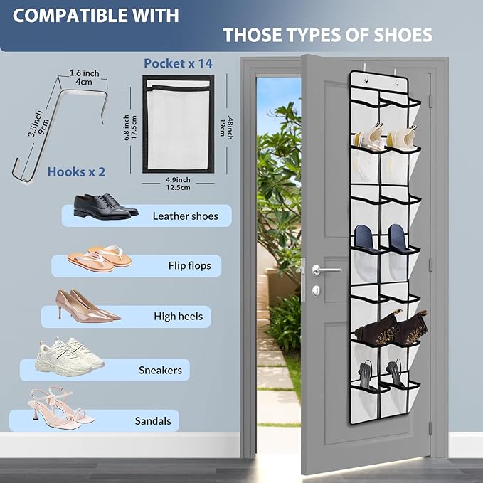 Makryebi Door Shoe Organizer with 14 Mesh Pockets, 59”H x 11.8”W inches, Clear Storage Pockets, 2 Pack, White