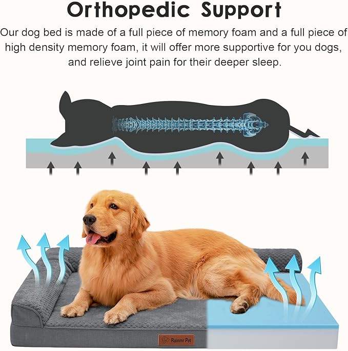 Rainmr Orthopedic Dog Beds for Large Dogs, Memory Foam Dog Beds Large Sized Dogs, Washable Removable Cover, Nonskid Bottom, Waterproof, for Indoor, Outdoor, Crate ＆ Car Use, 41x27x6 Inches, Dark Grey