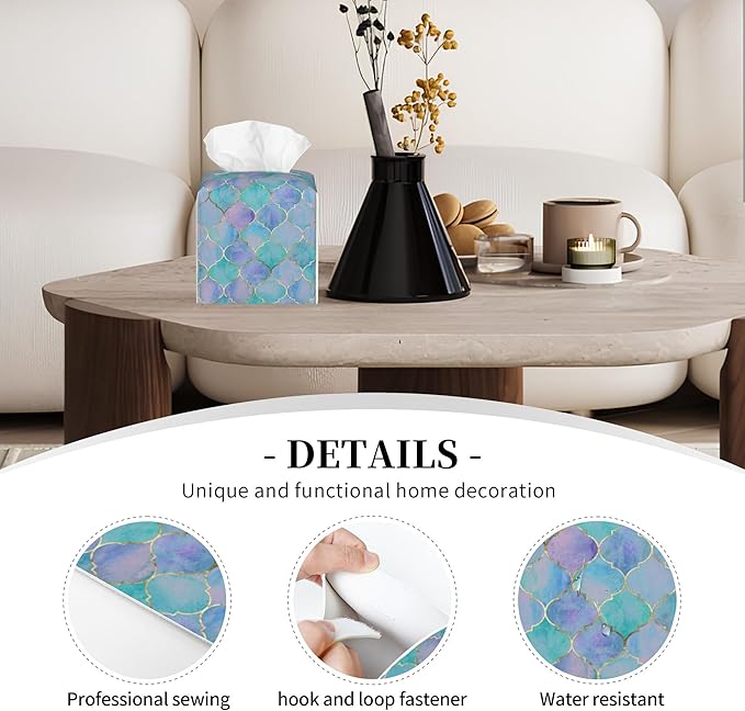 POIUBLE Tissue Box Holder Teal and Purple Moroccan Quatrefoil Tissue Box Cover Square Leather Tissue Holder Organizer Portable Decorative Facial Paper Case for Home Office Bathroom Vanity Countertop