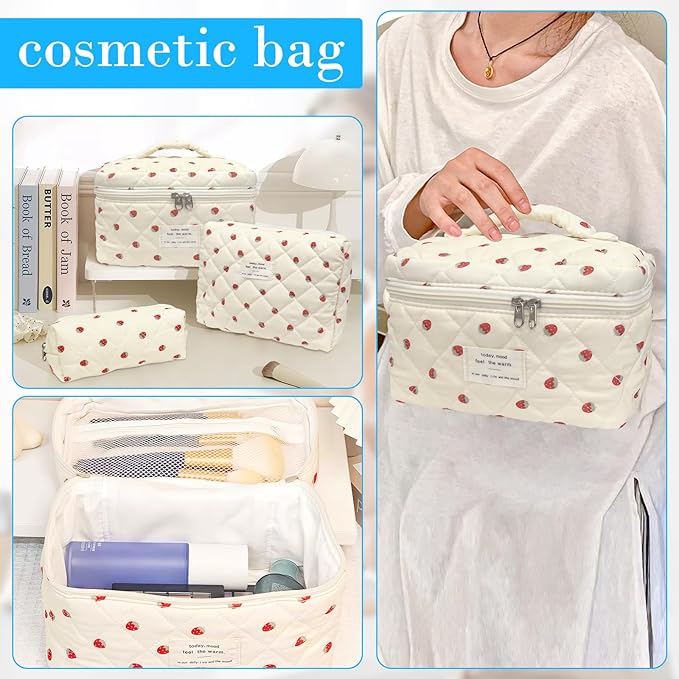 Quilted Makeup Bag, Large Capacity Travel Cosmetic Bag for Women and Girls, Aesthetic Storage for Daily and Travel Use (3pcs-strawberry, Pink Bow)