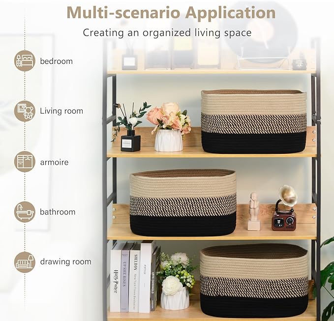 ECDYQXVU Cotton Rope Storage Basket, 15x10x9 Inches, Woven Basket for Shelves, Clothes, Towels, Books, and Laundry, Gradient Black/Brown (2 Pack)