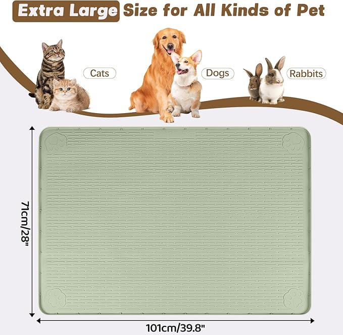 Bartuke Cat Food Mat, 40" x 28" Extra Large Silicone Pet Feeding Mat with Raised Edge Pet Placemat for Food and Water Bowl Non-Slip, Easy to Clean, Floor Protection (Green)