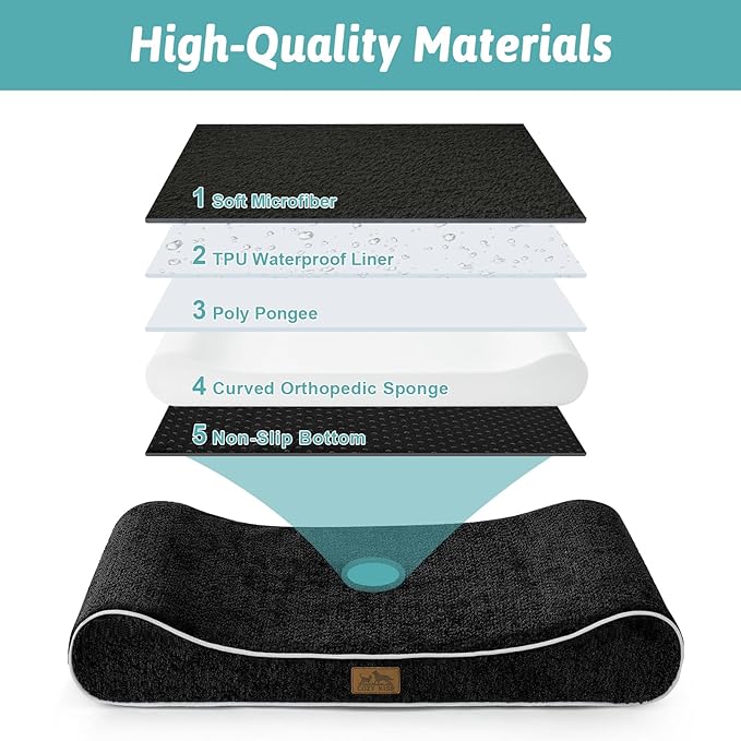 COZY KISS Orthopedic Dog Bed for Extra Large Dogs up to 140 lbs - Removable Washable Cover with Waterproof Lining, Cotton-Polyester Blend Boat-Shaped Lounger Mattress, XL(51x36x8in), Black