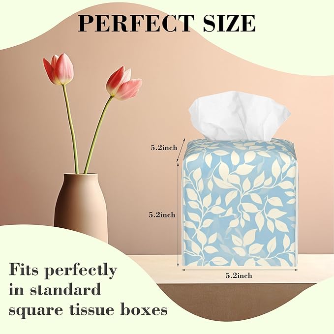 Light Blue and Cream Eucalyptus Leaves Tissue Box Cover Square Leather Tissue Holder Waterproof Facial Paper Organizer Dispenser Cube Paper Cover Case for Home Office Bathroom Vanity Countertop