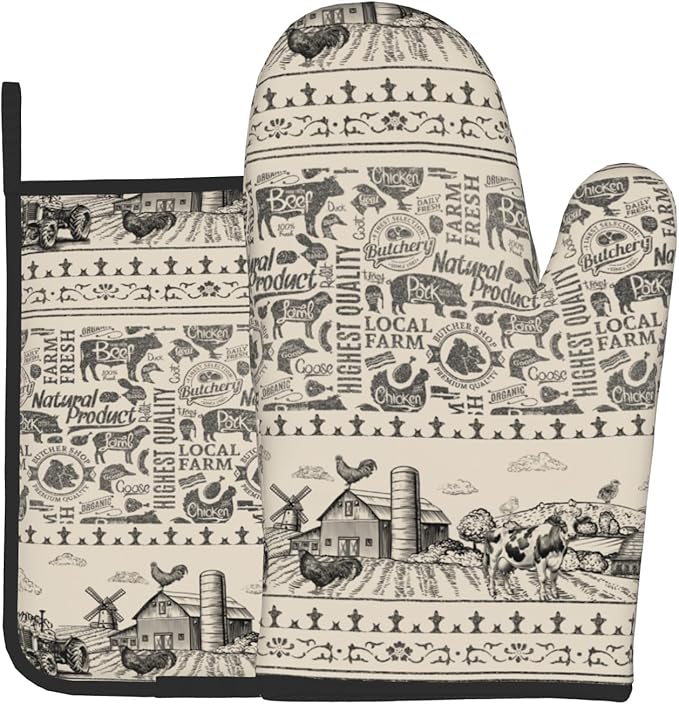 Farmhouse Oven Mitts and Pot Holders Set of 2, Vintage Cow Farm Animal Oven Gloves Rooster Hot Pads Heat-Resistant Non-Slip Kitchen Accessories Gloves Potholders for Chef Baking BBQ Cooking Gifts