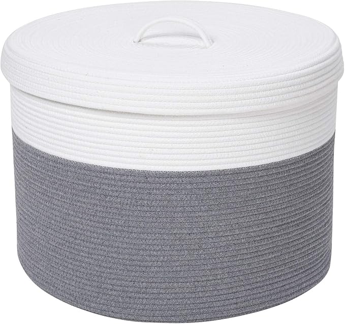 20" x 20" x 15" Extra Large Storage Basket with Lid, Cotton Rope Storage Baskets, Laundry Hamper, Cloth Bin, for Clothes Towels Blankets Pillows Storage in Living Room, Large Basket Grey with Cover