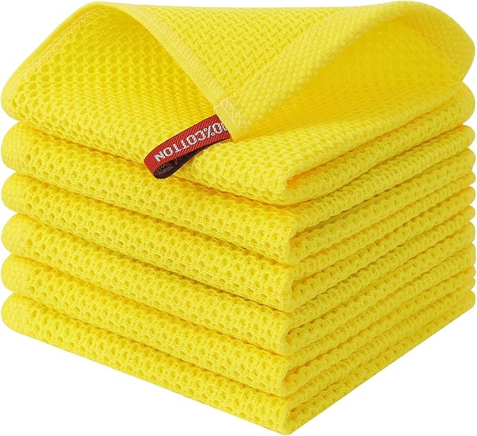 Kitinjoy 100% Cotton Kitchen Dish Cloths, 6 Pack Waffle Weave Ultra Soft Absorbent Dish Towels for Drying Dishes Quick Drying Kitchen Towels Dish Rags, 12 X 12 Inches, Yellow