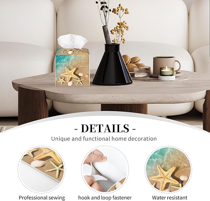 POIUBLE Beach Theme Tissue Box Holder Seashell Starfish Print Tissue Box Cover Square Leather Tissue Holder Organizer Portable Decorative Facial Paper Case for Home Office Bathroom Vanity Countertop