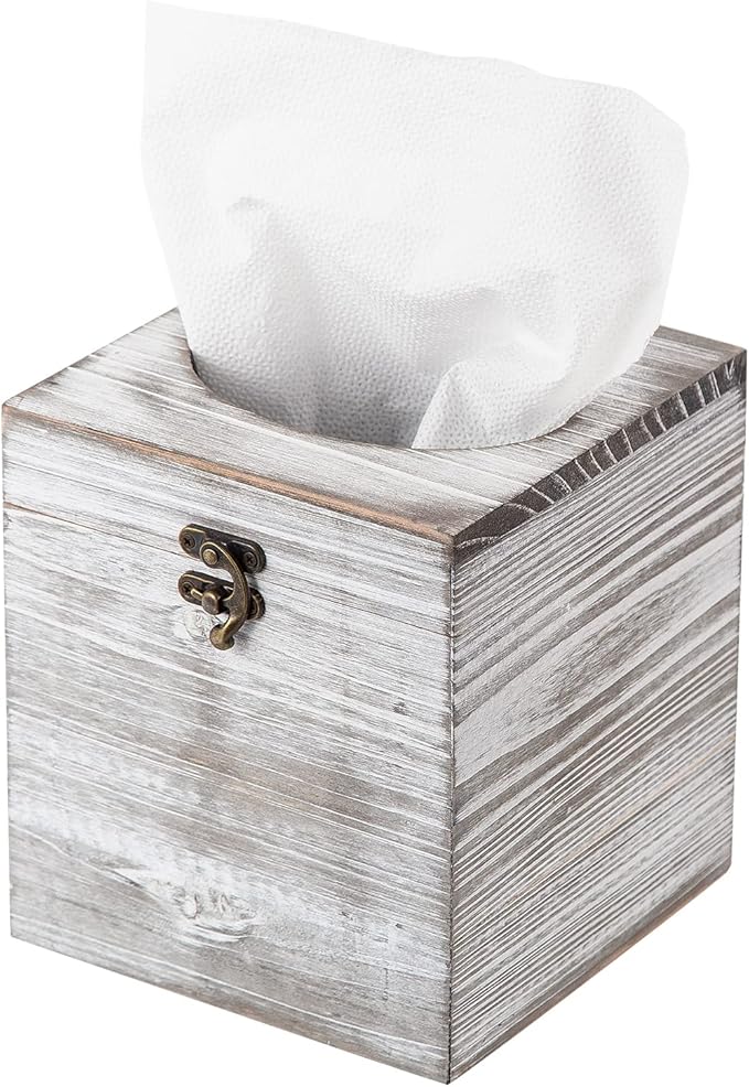 Distressed Farmhouse Square Solid Wood Tissue Box Cover with Slide-Out Bottom Panel Honey Brown Tissue Box Holder for Bathroom Living Room Dining Room Bedroom Toilet (Grey White)