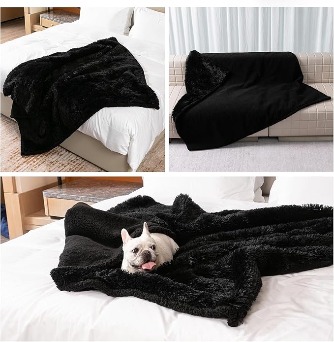Wowchine Waterproof Dog Blanket Black Calming Dogs Fluffy Long Faux Fur Pet Throw Blankets for Couch Protector Love Puppy Cat Bed Cover Washable(Black,XL-85x57in)