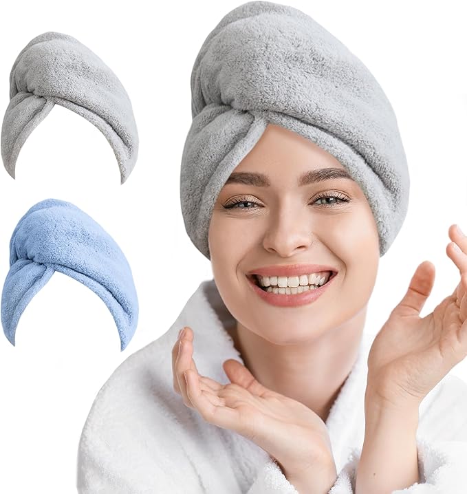 AGLIFEFY 2 Pack Microfiber Hair Towel Wrap for Women Super Absorbent Quick Dry Hair Turban for Drying Curly, Long & Thick Hair 10 inch X 26 inch Lightgrey+SkyBlue