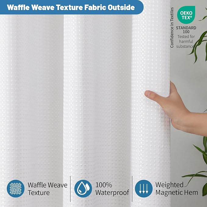 THAIGEE 2-in-1 Waterproof Fabric Shower Curtain - No Separate Liner Needed, Hotel-Style Waffle Weave, Effortless Cleaning & Washable Bathroom Shower Curtain Set,72Wx84H,White