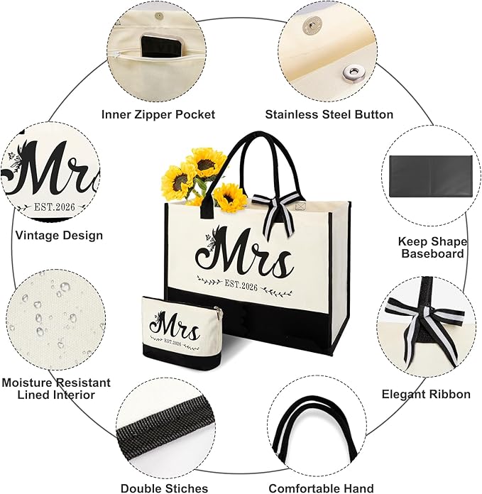 Vanqruo Mrs 2026 Canvas Tote Bag for Bride with Cosmetic Bag, Bride Gifts for Bridal Shower, Wedding Gifts for Bride to Be, Engagement, Bachelorette Party, Honeymoon, Miss to Mrs