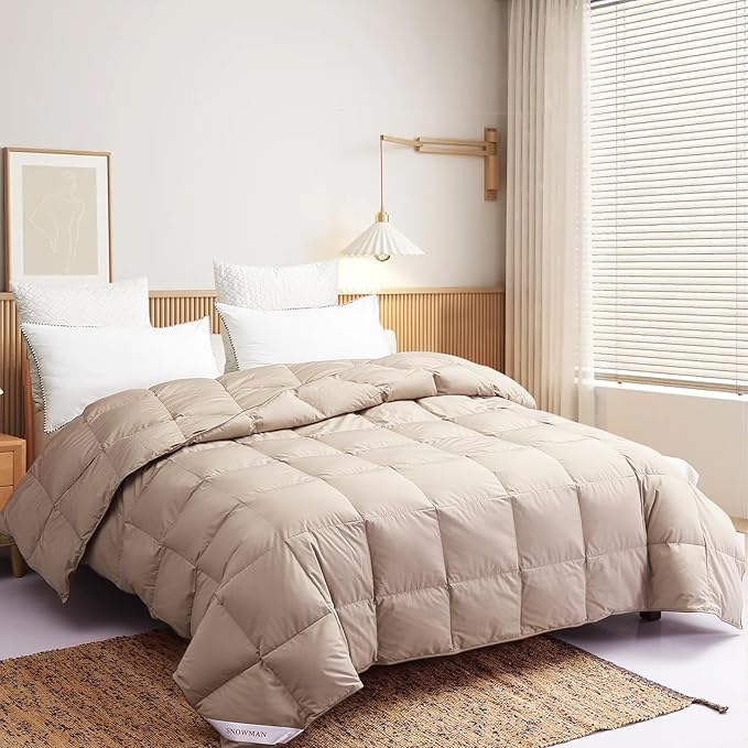 SNOWMAN Extra-Soft Down Blanket Queen, Lightweight Down Comforter with 8 Corner Tabs, Cooling Bed Comforter for Hot Sleepers, 18oz Fill Weight and Noiseless Down Proof Fabric (Khaki, 90"x90")