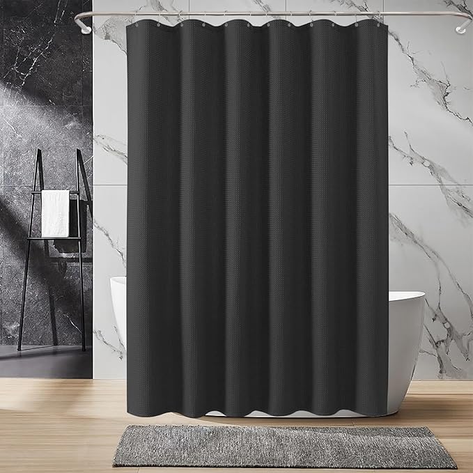 Inhousolu Fabric Shower Curtain Waffle Weave, 230 GSM Heavy Duty, Weighted Hem, 14 Metal Hooks, Water Repellent, Machine Washable, Hotel Spa Luxury Bath Curtain Set, 72 x 72 Inch, Black