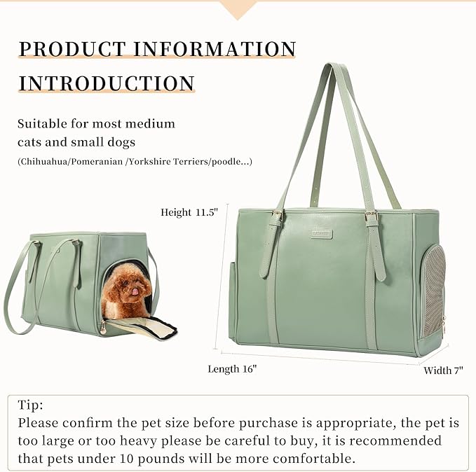 Lasaviin Fashion Dog Purse Pet Carrier Leather Bag for Small Dogs Cats Puppy, Portable Tote Bag Airline Approved Soft-Sided Carriers (Green)
