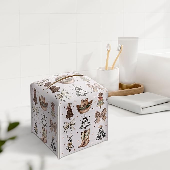 Country Christmas Tissue Box Holder, Cowgirl Boots Hat Christmas Trees Leather Tissue Box Cover Square, Paper Facial Decorative Tissues Cover for Bathroom Kitchen Office Home Decor-B33