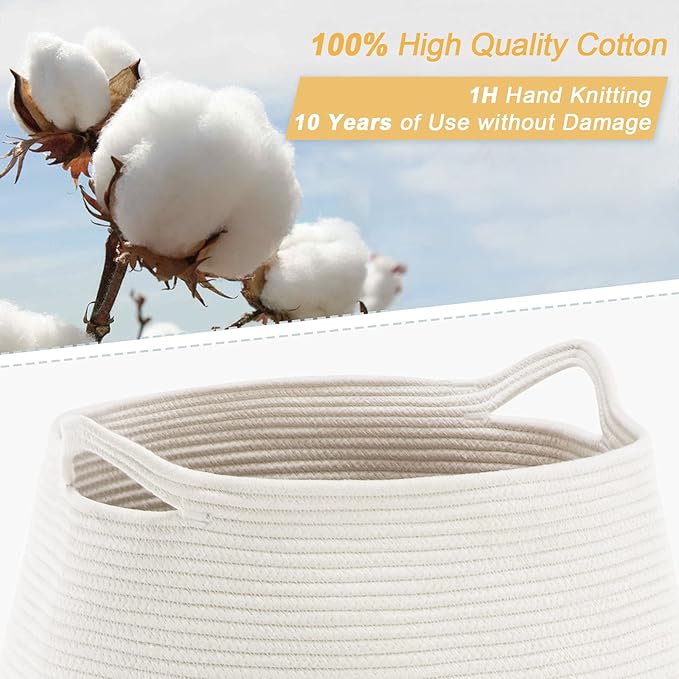 Cotton Rope Laundry Hamper by YOUDENOVA, 105L - Woven Collapsible Laundry Basket - Clothes Storage Basket for Blankets, Laundry Room Organizing, Bedroom Storage, Clothes Hamper – Grey & White