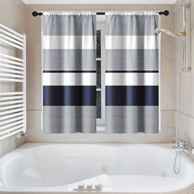 Culudea Modern Striped Boho Waffle Textured Cloth Shower Curtain Set, Navy Blue White Horizontal Stripe Bathroom Window Waterproof Shower Curtains for Bathroom Decor