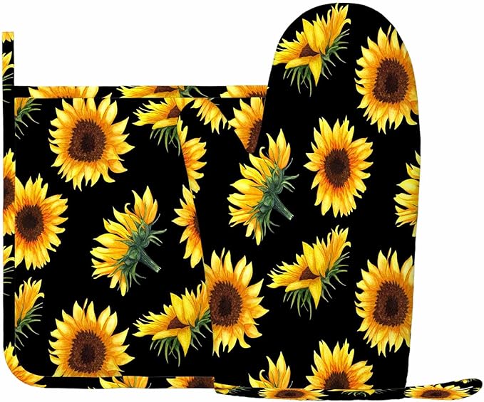 Mxocom Sunflowers Oven Mitts and Pot Holders Sets Flowers, Buds and Leaves on Black Background Silicone Heat Resistant Kitchen Oven Gloves Pot Holder for Cooking