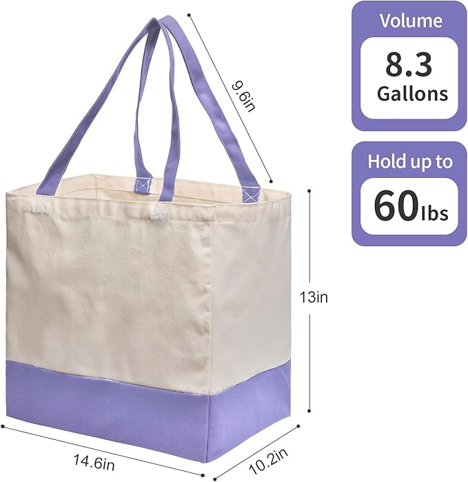 CNaiyunpin Reusable Grocery Bags Heavy Duty, 8.3 gal Foldable Large Canvas Tote Bag with Handles, Holds 60 lbs Canvas Shopping Bags, 1 Pack（Off White+Light purple）