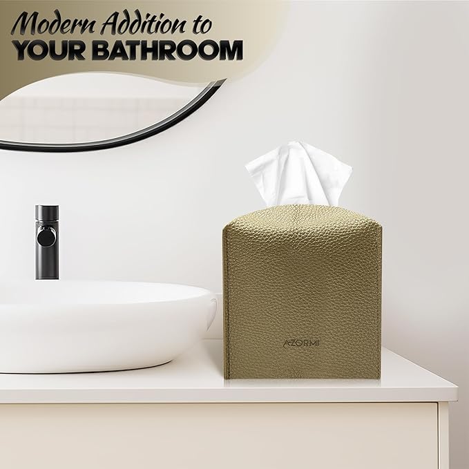 Tissue Box Cover Holder, PU Leather Tissue Box Cover Square with Bottom Belt, Cube Tissue Holder for Bathroom, Modern Organizer for Car, Office, Tabletop (Gold)