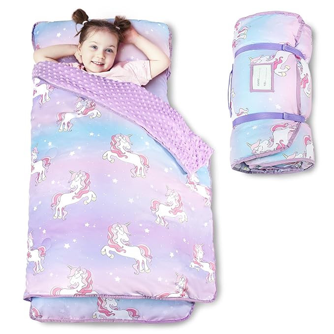 Beavtaens Toddler Nap Mat with Pillow and Minky Blanket, Large 55"x35" Sleeping Bag, Washable, Lightweight, Easy to Roll, Perfect for Preschool, Daycare, Kindergarten, Travel, Boys and Girls