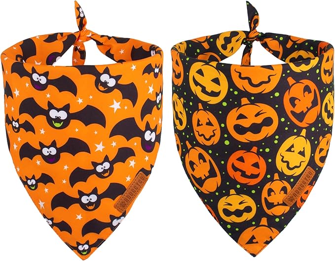 ADOGGYGO Halloween Dog Bandana, Pumpkin Bat Pet Scarf, Premium Durable Fabric, Adjustable Fit Halloween Bandanas for Small Dogs Cats Puppies (Small)