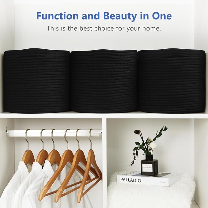 ECDYQXVU Cotton Rope Storage Basket, 15x10x9 Inches, Woven Basket for Shelves, Clothes, Towels, Books, and Laundry, Black (2 Pack)