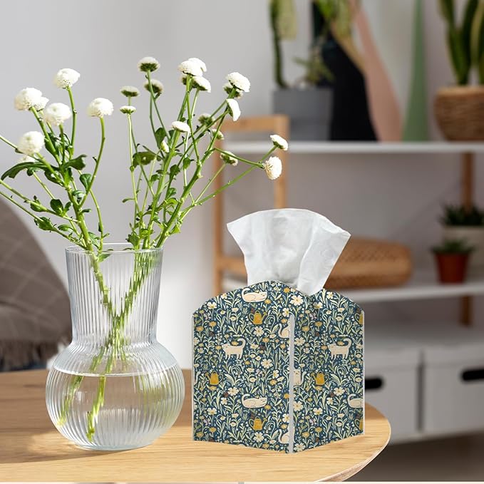 Tissue Box Cover, Tissue Box Holder, Square with Belt Bottom, PU Leather Decorative Organizer for Desk, Tabletop, Countertop Bathroom, Toilet Car, Office, Dresser Bedside, Cute Cat Flower Decor