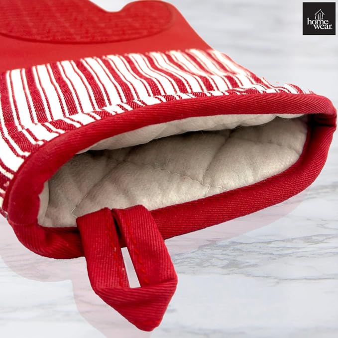 Homewear Marlow Silicone Extra Long Oven Mitt 2 Piece Set, Heat and Slip Resistant, Recycled Cotton with Soft Lining, Thick Kitchen Gloves for Cooking, Red