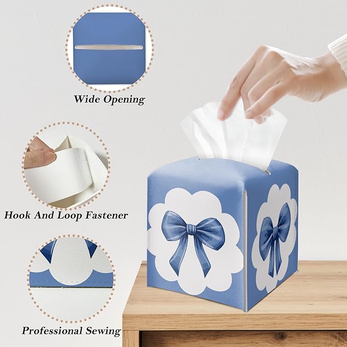 Navy Blue Bow Ribbon Tissue Box Cover Square, Leather Tissue Holder with Bottom Belt, for Nightstands Desks Office Bathroom Car Vanity Home Decor Supplies -011