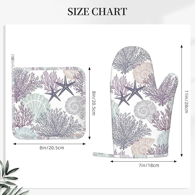 Nautical Coastal Oven Mitts and Pot Holders Set, 4pcs Silicone Starfish Seashell Coral Beach Themed Oven Glove for Kitchen Heat Resistant Oven Mitts and Non-Slip Potholders Purple