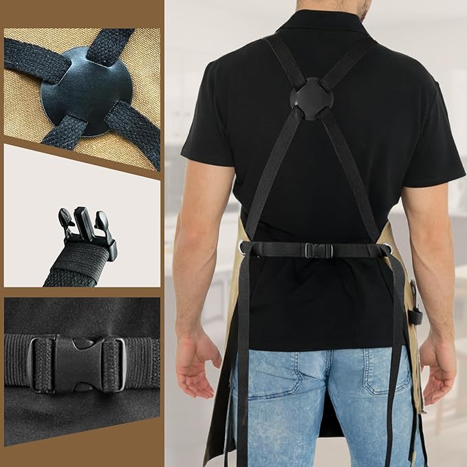 Professional Chef Apron for Mens, 100% Cotton Canvas, Kitchen Cooking BBQ Grilling Apron, Durable
