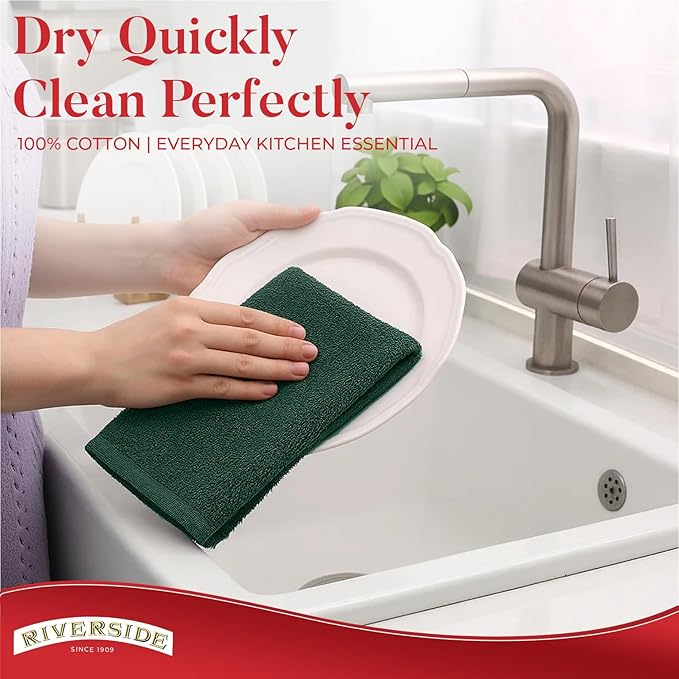 Riverside Bar Mop Towels Pack of 12, 16x19 Inches, 100% Ring Spun Cotton Terry Cloth Kitchen Towel, Highly Absorbent & Reusable Multipurpose Cleaning Rags for Bathroom, Hotel, Restaurant, Hunter Green