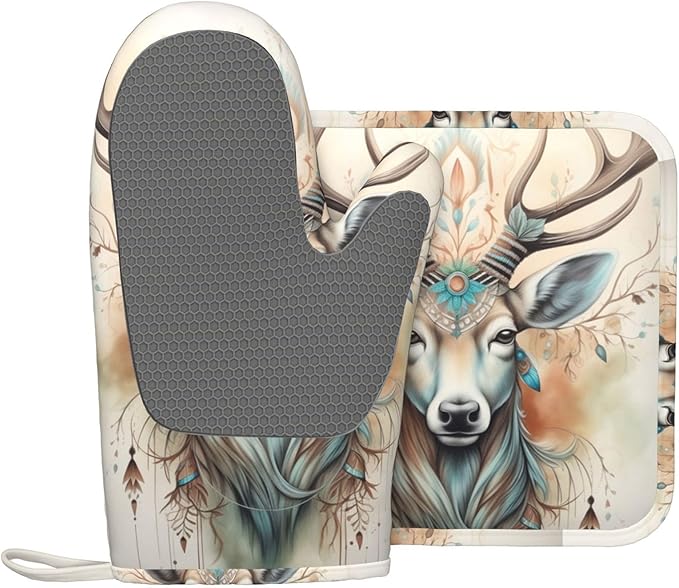 Rustic Deer Animal Oven Mitts and Pot Holders Sets, Home Silicone Heat Resistant BBQ Gloves for Kitchen Baking Cooking Grilling Microwave