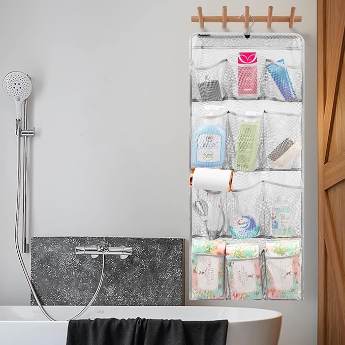 ANZORG Mesh Shower Organizer Hanging Caddy Quick Dry Bathroom Storage for Toiletry Accessories with Rotating Hanger (12 Pockets)