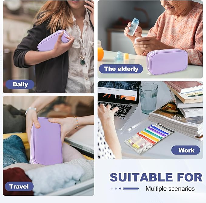 Weekly Pill Organizer 2 Times a Day - Timueetech A6 Waterproof 14 Pill Pouch Bags for Travel, BPA-Free Medicine Storage with Labels & Self-Sealing Design for Vitamins and Supplements, Purple