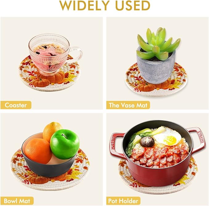 Boccsty Yellow Pumpkins Trivet Mat 2PCS Autumn Leaves Round Woven Potholders Kitchen Table Countertop Protector Hot Pads Farmhouse Coasters Counter Mat