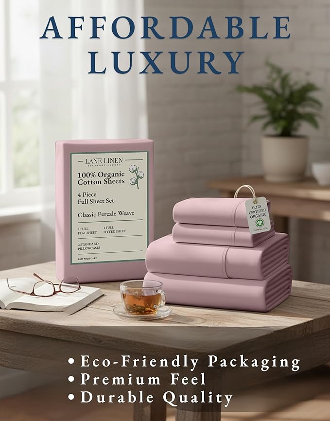 LANE LINEN 100% Organic Cotton Sheets Full Size Bed, Machine Washable Fully Elasticized Low Pill Fade Resistant Cotton Sheets, Soft & Comfy Percale Eco Friendly sábanas Full -Sepia Rose