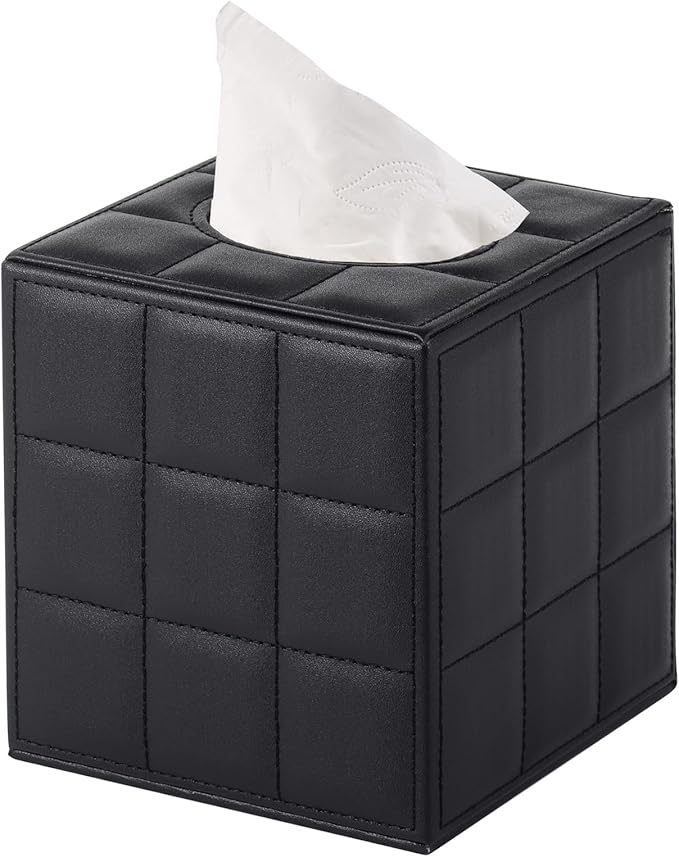 XNONE Tissue Box Cover Square Tissue Box Holder PU Leather Facial Organizer with Magnetic Bottom,Decorative Napkin Caddy for Vanity Dresser Night Stand Table Countertop Home Office Car,Black