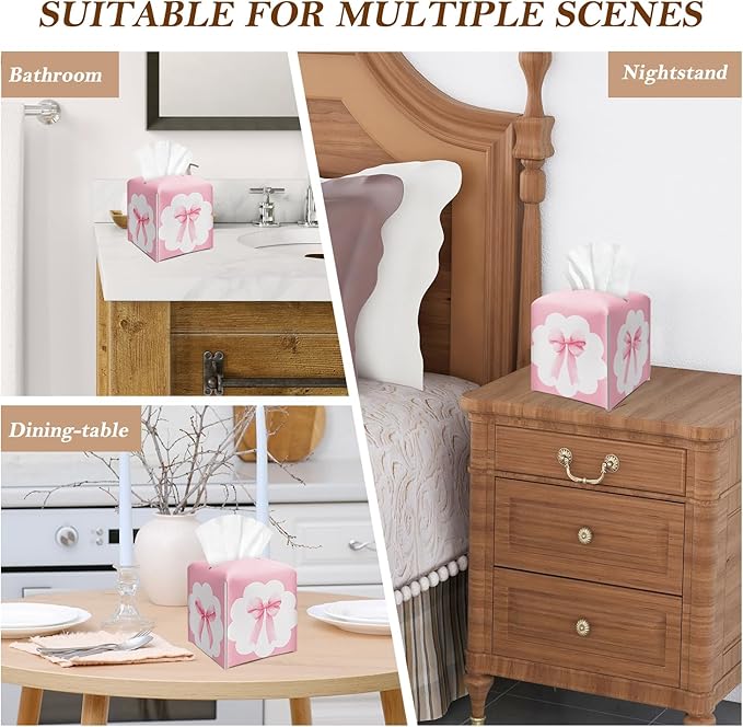 Pink Bow Ribbon Tissue Box Cover Square, Leather Tissue Holder with Bottom Belt, for Nightstands Desks Office Bathroom Car Vanity Home Decor Supplies -012