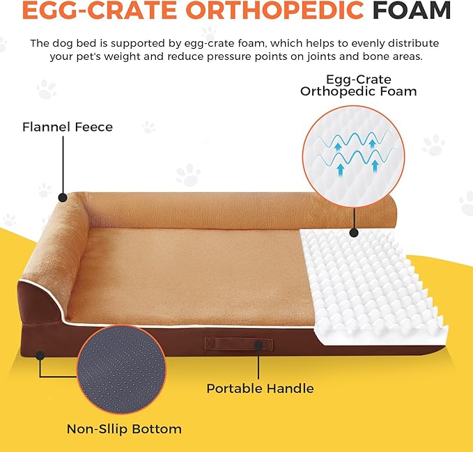 Aeroluxe Dog Bed Large Sized Dogs, XXL Orthopedic Dog Bed for Large Dogs, Waterproof Pet Bed with Washable Removable Cover, L-Shaped Pet Couch with Portable Handle 48"x35"x7.5", Brown