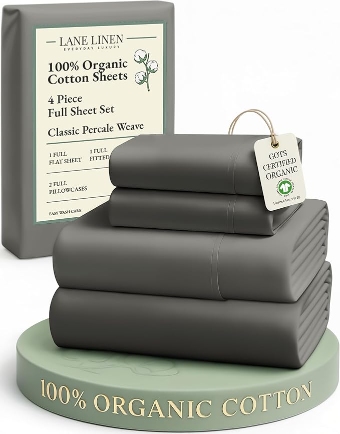 LANE LINEN 100% Organic Cotton Full Size Sheets, Hotel Like Crisp Percale Low Pill Fade Resistant Reinforsed Seam Cotton Sheets, Naturally Cooling 15" Deep Pocket Full Bedding Set- Charcoal