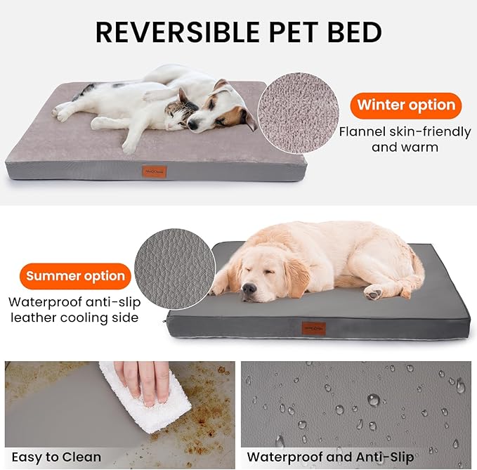 Waterproof Dog Bed for Large and Medium-Sized Dogs, Orthopedic Washable Crate Pad 35 inch, Egg Crate Foam Pet Bed Mat with Removable Cover, Anti-Slip Reversible Kennel Pad, 35''×22'', Grey
