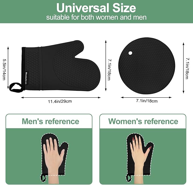 Silicone Oven Mitts and Pot Holders Sets 3PCS for Kitchen, Oven Gloves Heat Resistant 500°F, Non-Slip Silicone Potholder 7.1”, Thick Oven Mitts & Thick Hot Pads Protection for Cooking, Black