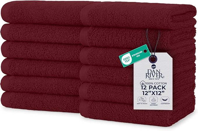 DAN RIVER 12 Pack Wash Cloths for Showering [12x12] - 100% Cotton Washcloths Premium Quality Flannel Face Cloths for Bathroom, Highly Absorbent and Soft Feel Wash Clothes, Pomegranate
